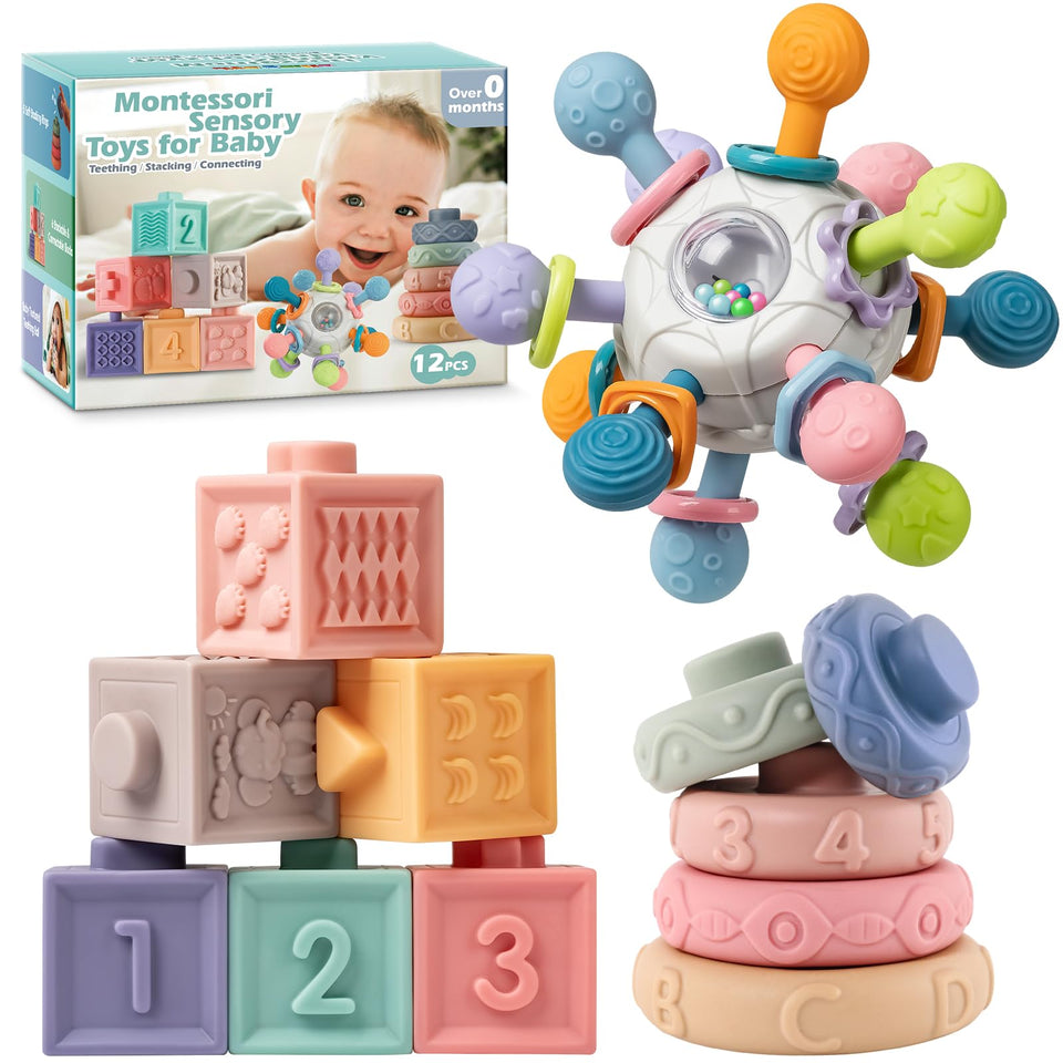 SpringFlower 3-in-1 Montessori teether rattle with 11 textured chew points for soothing gums