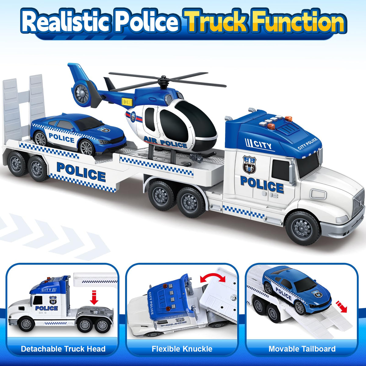 SpringFlower 3-in-1 police toy with helicopter and racing car for interactive storytelling