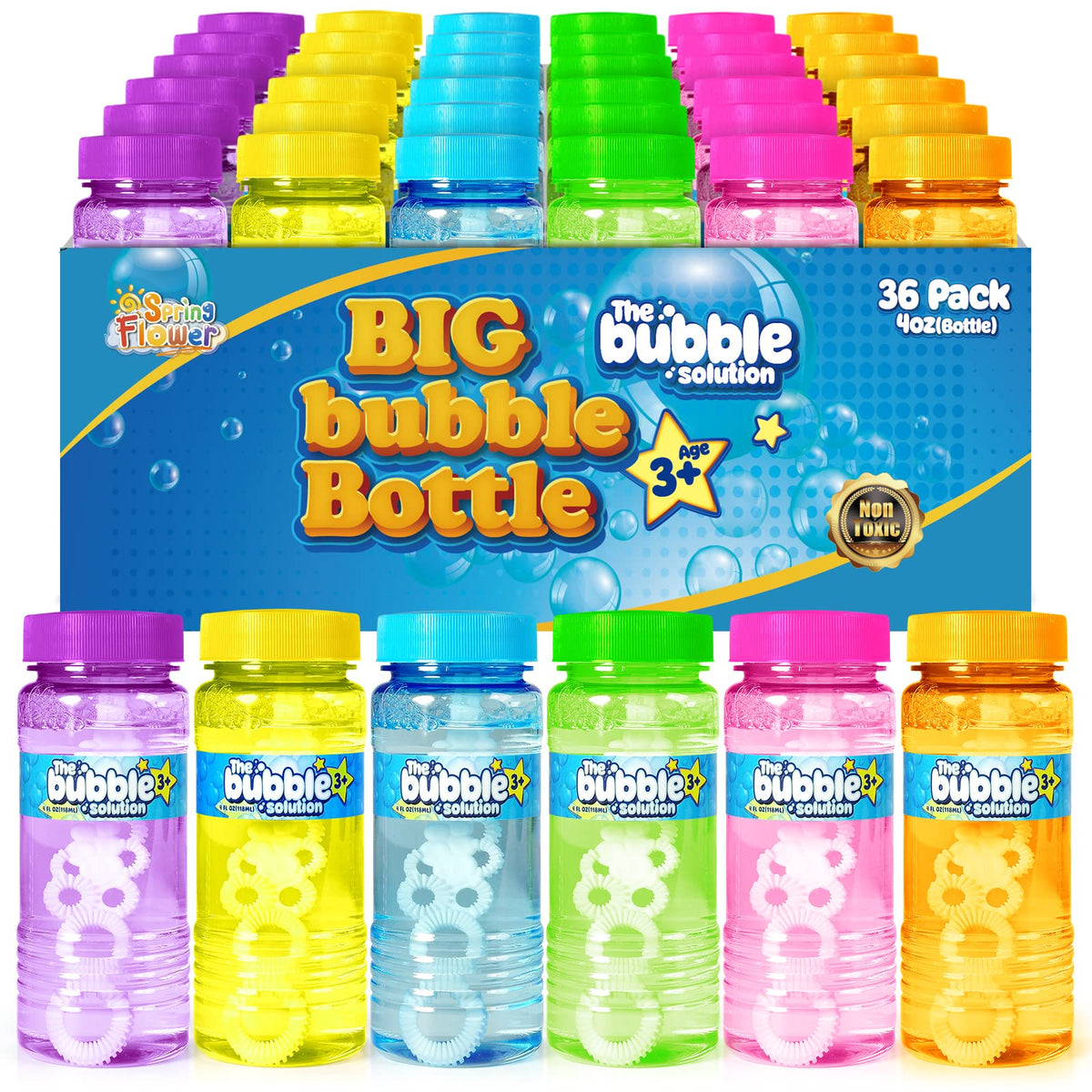 SpringFlower bubble bottle with wand for easy outdoor play.