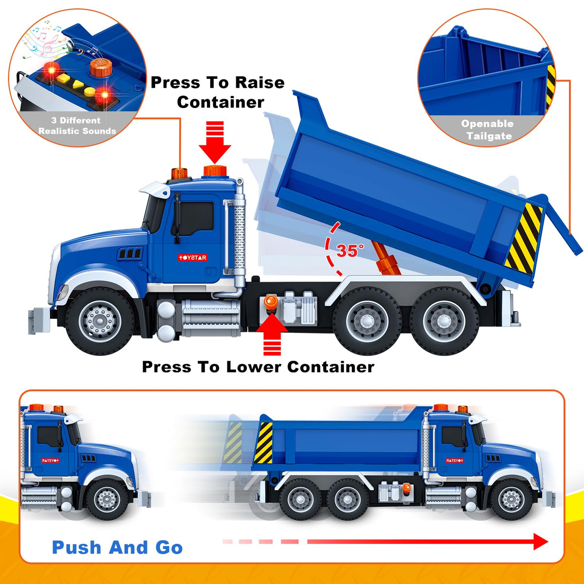 SpringFlower dump-truck 15-inch side view highlights durable design for indoor outdoor adventures