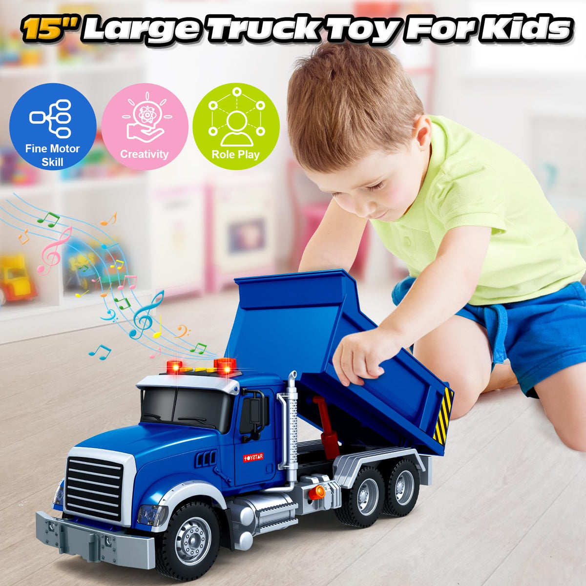 SpringFlower interactive-buttons on the dump-truck demonstrate sounds and lights for engaging play