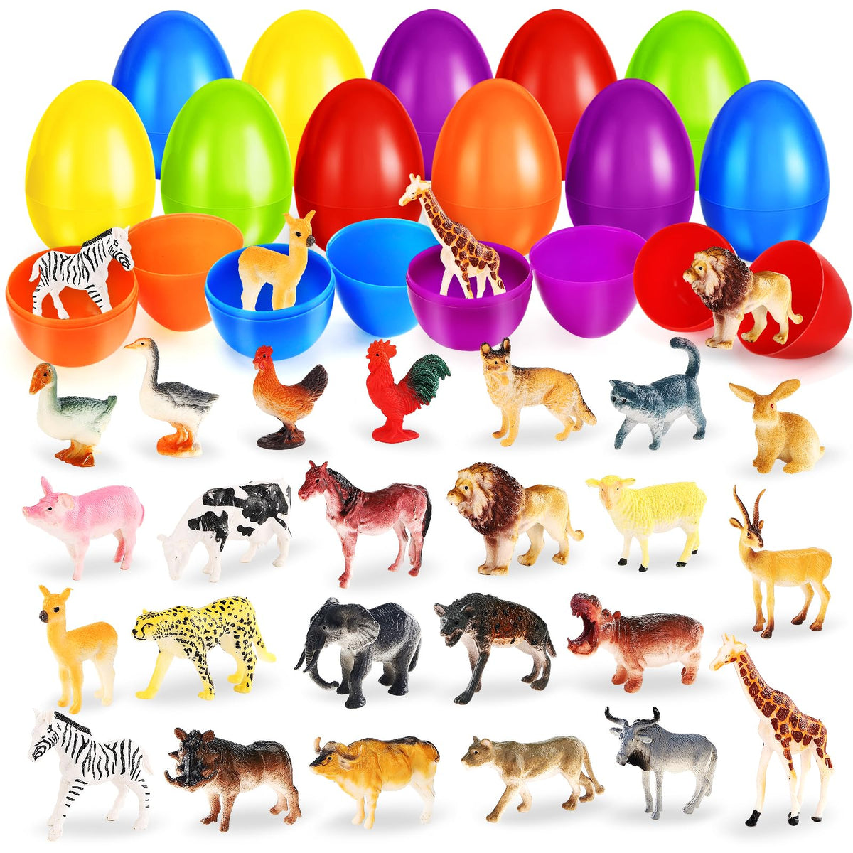 SpringFlower Easter Basket Stuffers 24-pack with colorful eggs and animal figurines for exciting egg hunts.