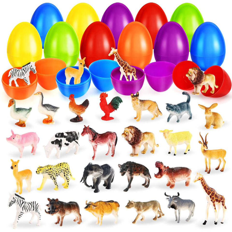 SpringFlower Easter Basket Stuffers 24-pack with colorful eggs and animal figurines for exciting egg hunts.