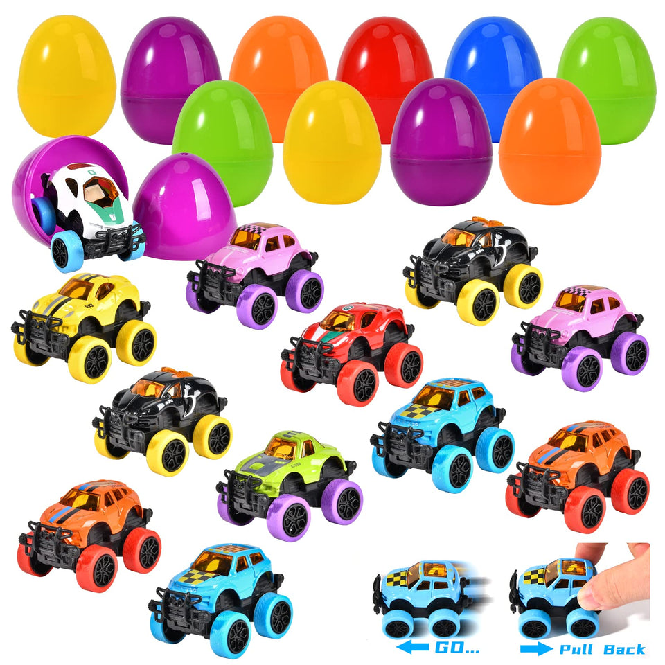 SpringFlower Easter egg filled with pull-back monster cars, perfect Easter basket filler for boys.