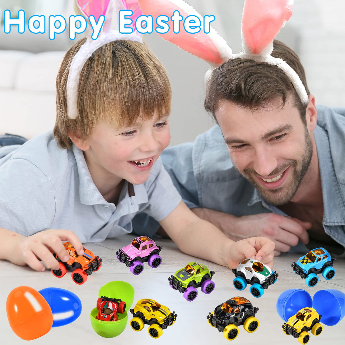 SpringFlower eggs feature pull-back action for exciting, extendable toy car play.
