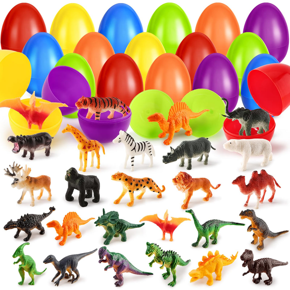 SpringFlower Easter egg pack shows 24 dinosaur toys, perfect for an egg hunt.