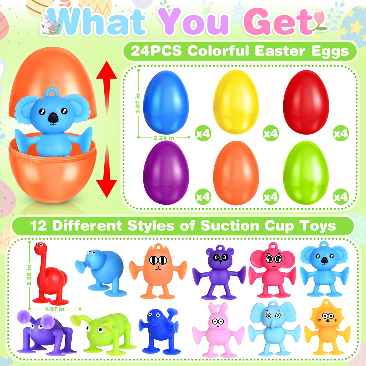SpringFlower eggs with suction toy animals attached to windows for playful fun.