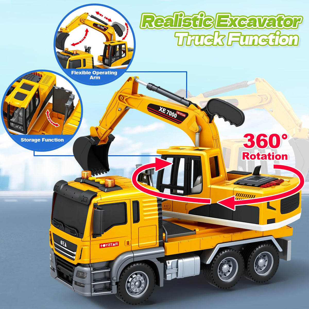 SpringFlower excavator truck toy has three buttons producing different sounds for interactive fun.