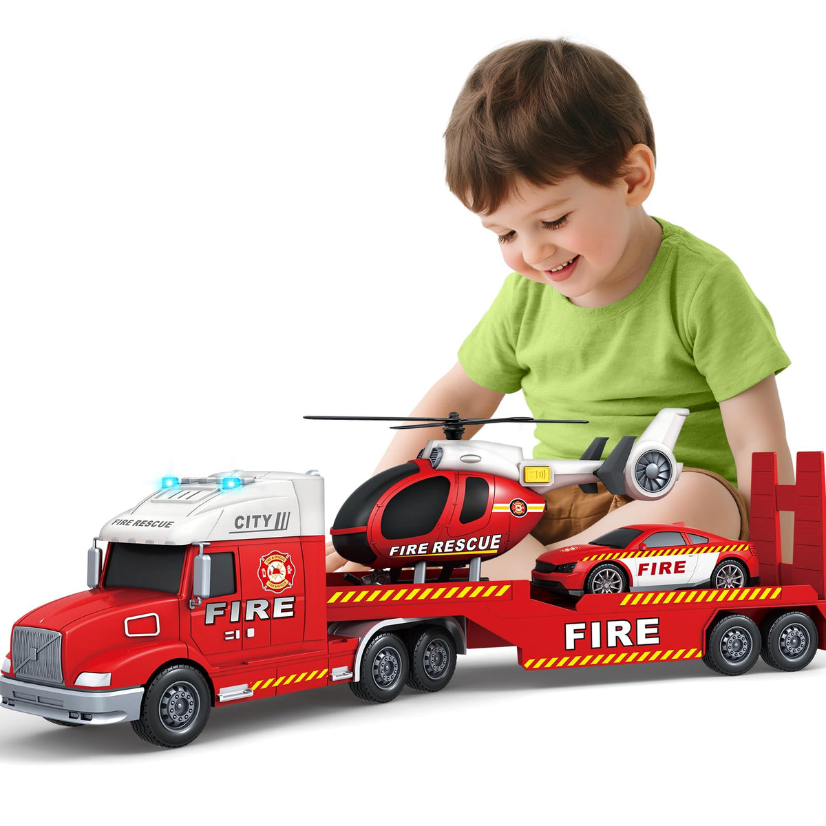 SpringFlower fire truck with a 25-inch body and detachable head for imaginative play.