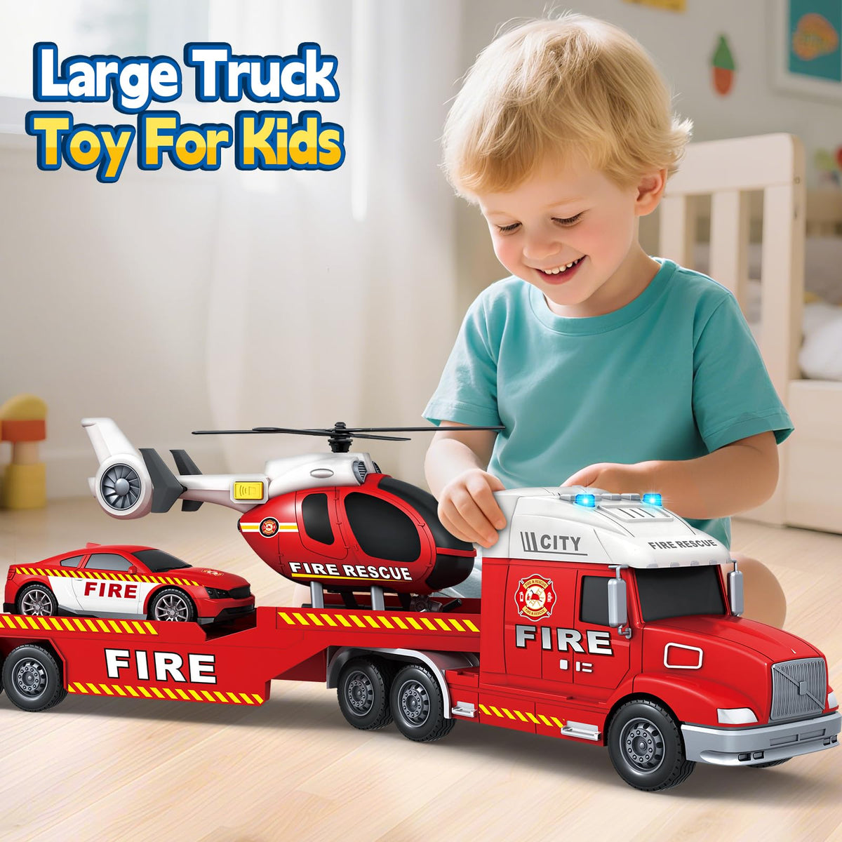 SpringFlower fire truck includes helicopter and race car for mixed-role adventures.