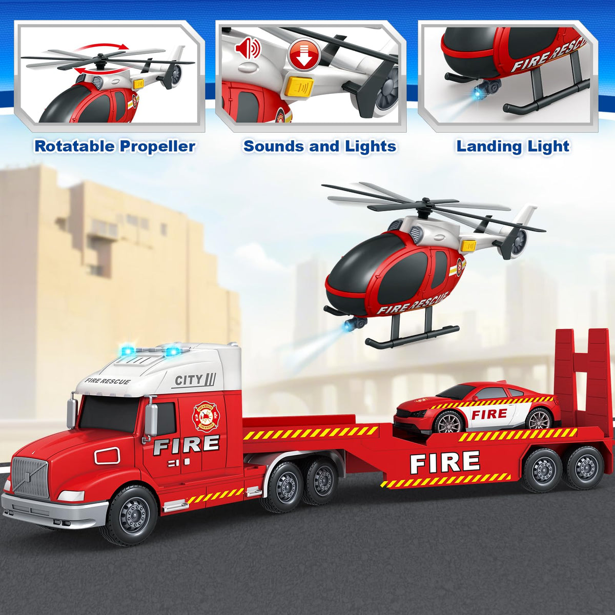 SpringFlower fire truck knuckle rotates left and right for dynamic play.