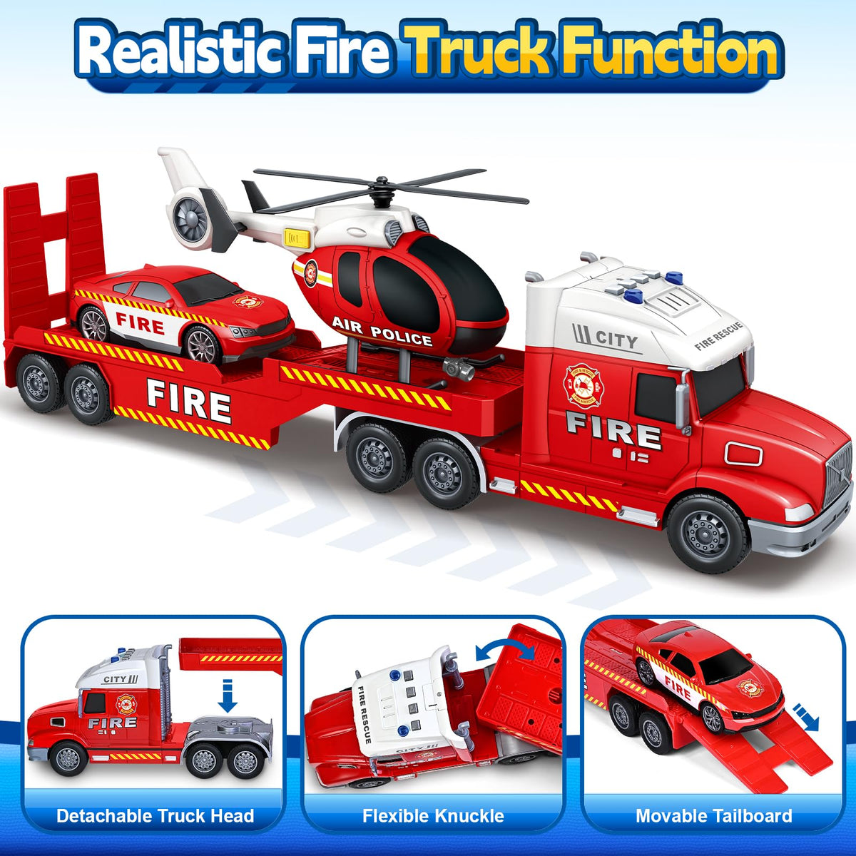 SpringFlower fire truck tailboard moves up and down for loading play.