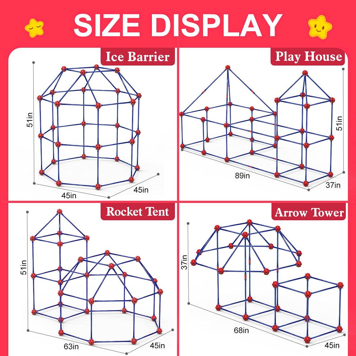 SpringFlower fort-building-kit 64 long rods provide stronger structures and wide play spaces.