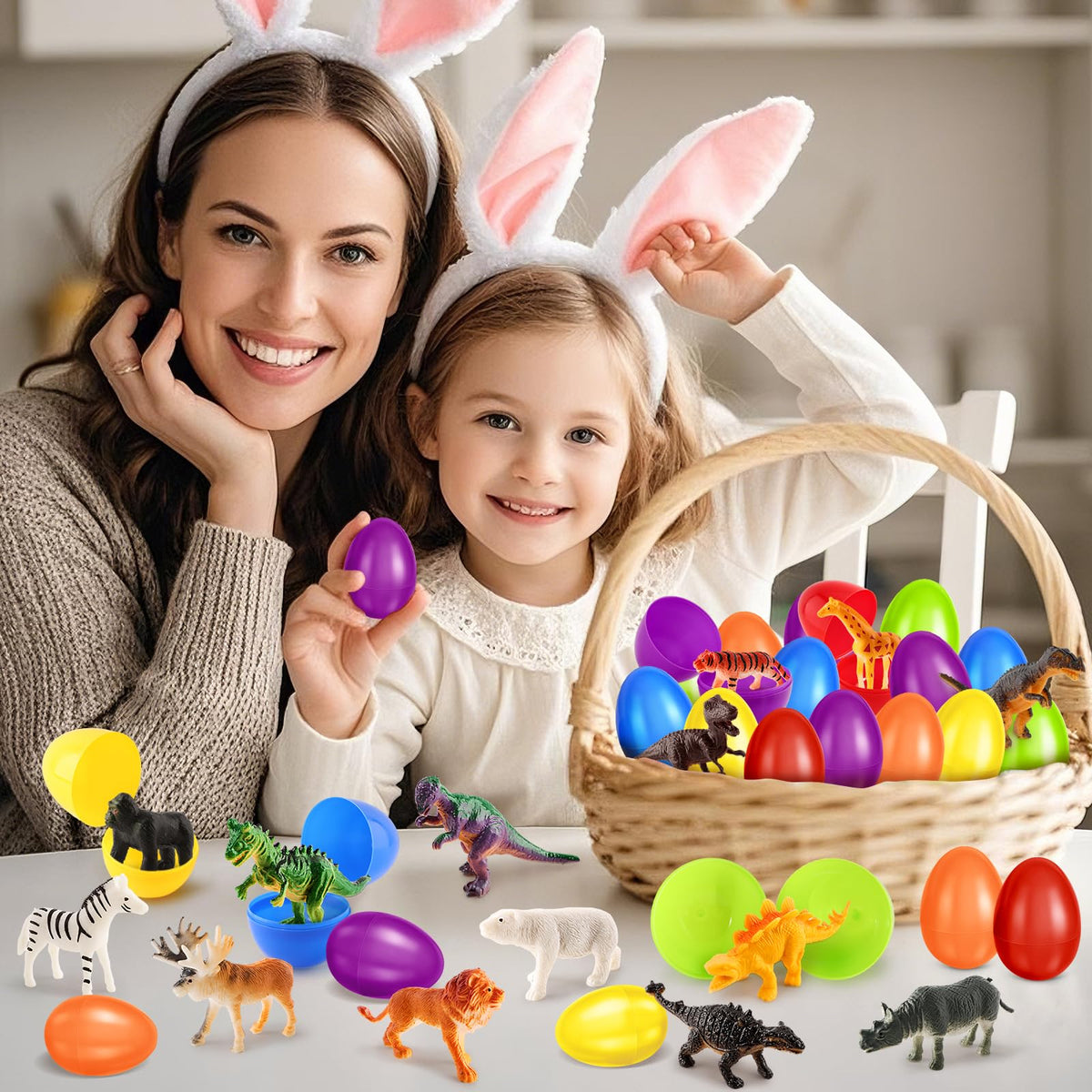 SpringFlower dinosaur toys tucked inside eggs, a playful basket filler idea.
