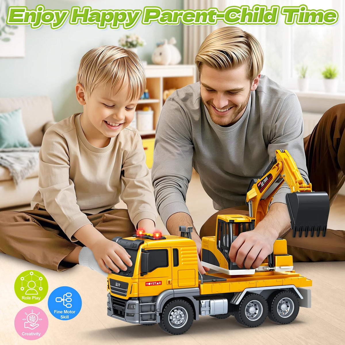 SpringFlower excavator truck toy delivers engaging lights and sounds during action play.
