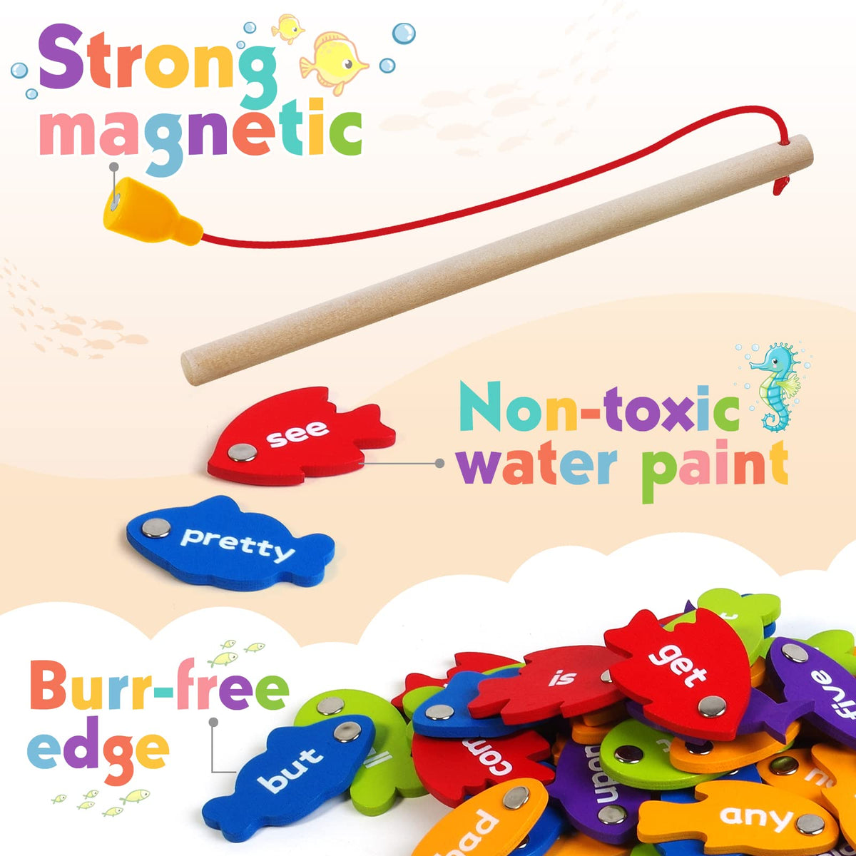 SpringFlower magnetic fishing rods used to catch wooden fish during play.
