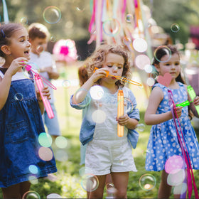 SpringFlower outdoor bubble play in sunny yard during summer