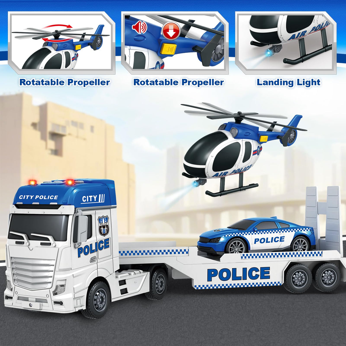SpringFlower police car feature fuels pretend play with lights for realism.