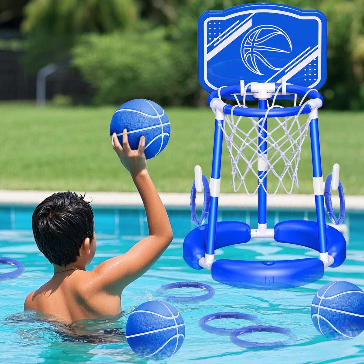 SpringFlower pool basketball hoop with backboard in blue, ready for pool games