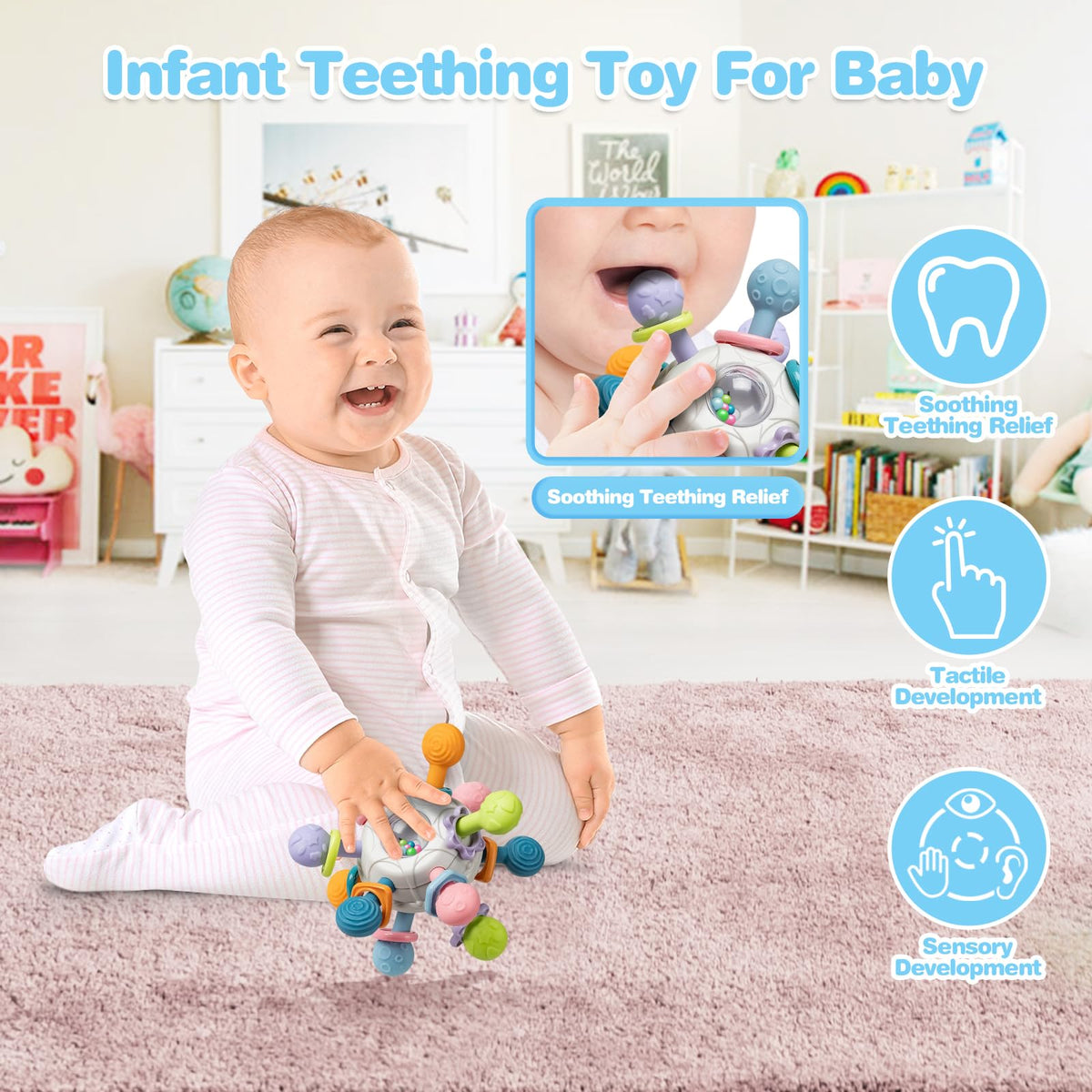 SpringFlower silicone pull-string toy encourages reach and coordination
