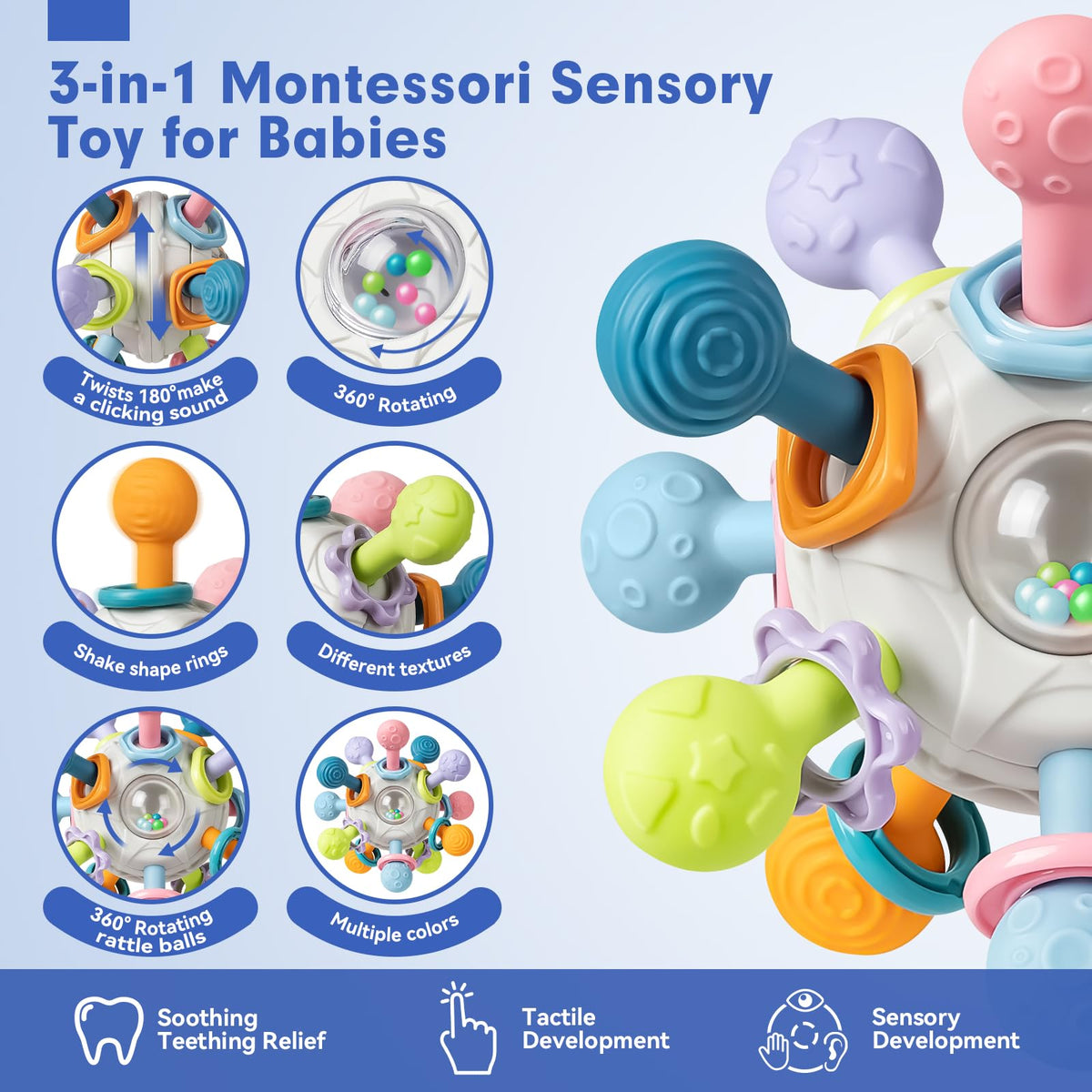 SpringFlower soft stacking rings help with grasping and hand–eye coordination