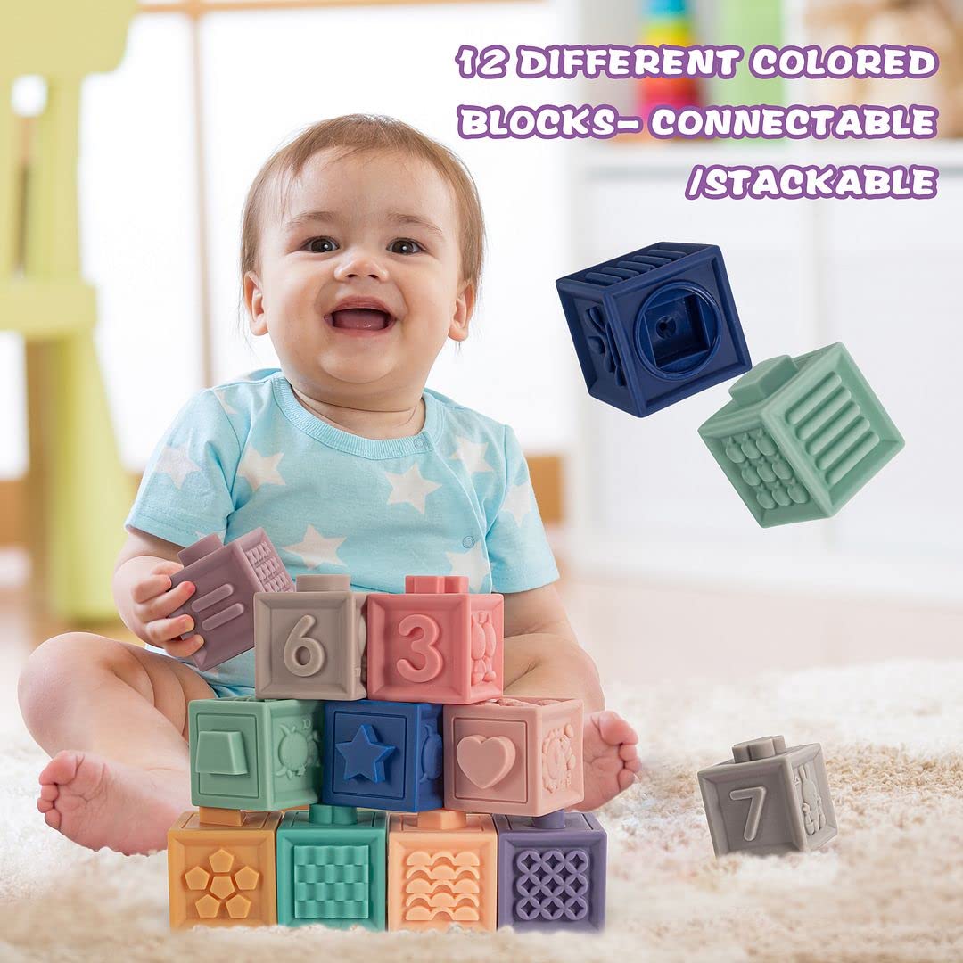 SpringFlower teething blocks closeup shows chew-friendly silicone and color appeal.