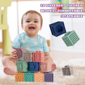 SpringFlower teething blocks closeup shows chew-friendly silicone and color appeal.