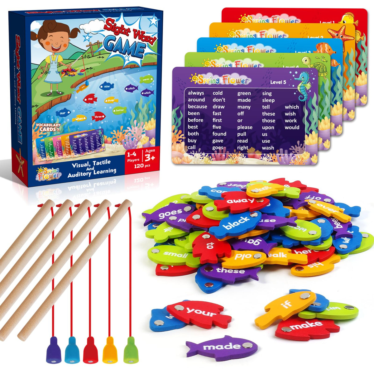 SpringFlower wooden magnetic fishing board used for word learning and play.
