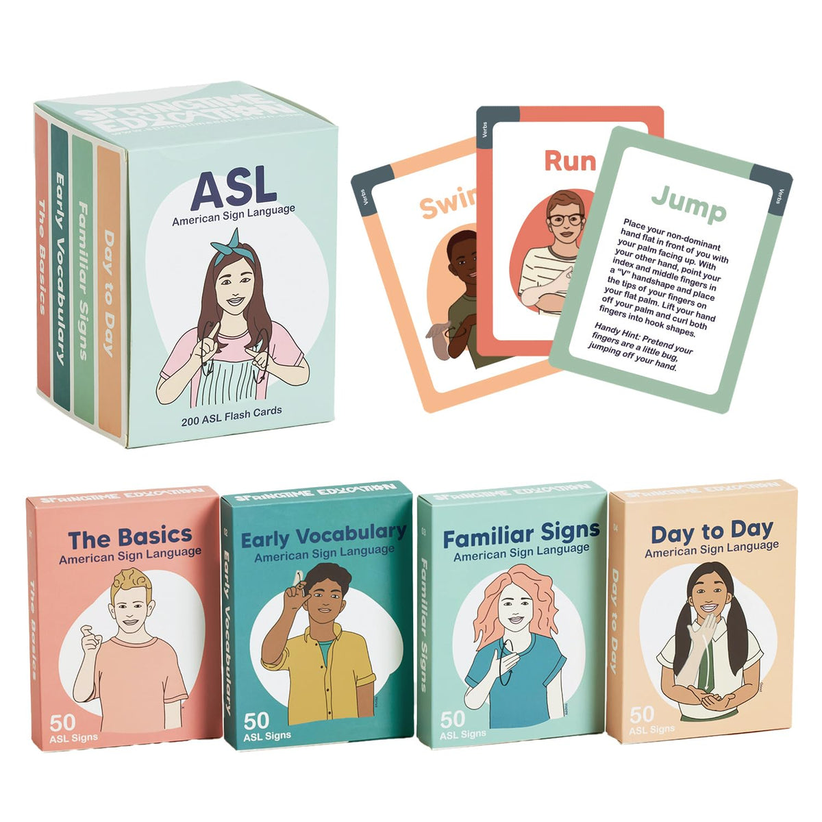 Springtime Education ASL flash cards cover page with vibrant visuals for beginners