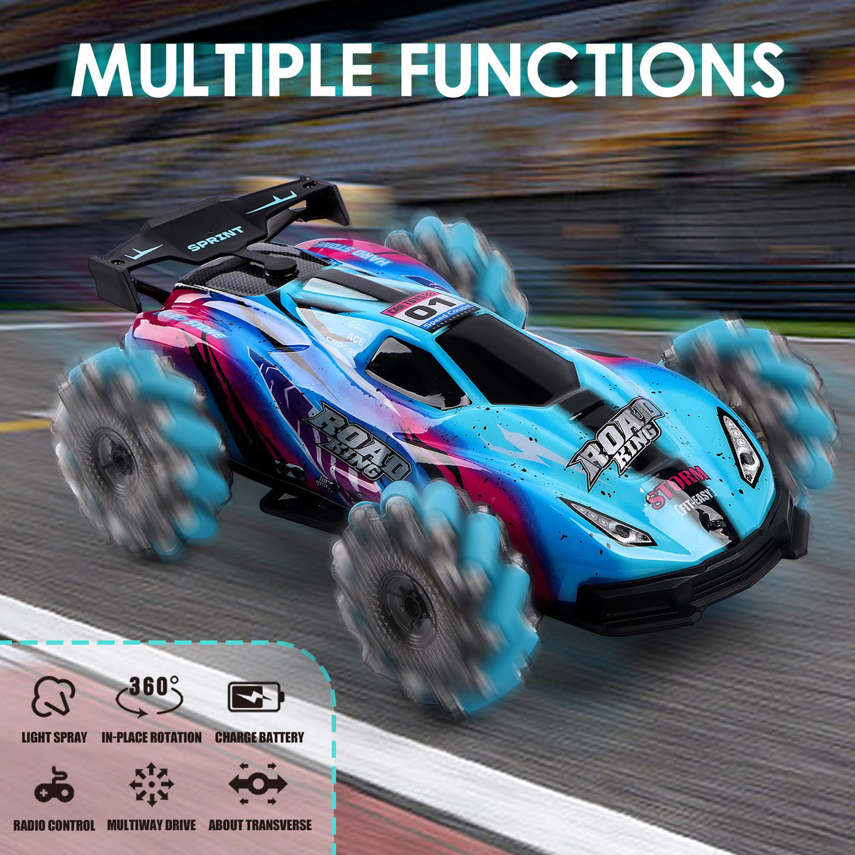 SPRSHY stunt car spray and LED lights enhance colorful nighttime action