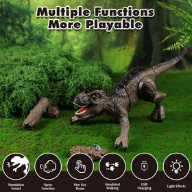 SPRSHY remote-control T-Rex sprays mist while walking for interactive fun.