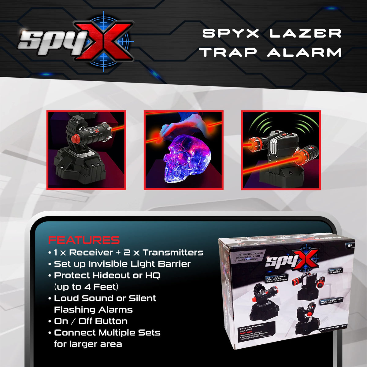 SpyX Lazer Trap Alarm 360-degree adjustment guards valuables from multiple angles