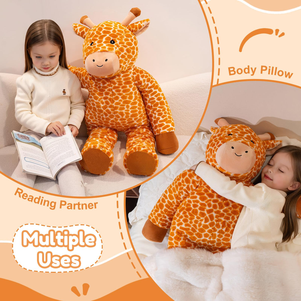 Child hugging SQEQE giraffe plush for bedtime and comfort