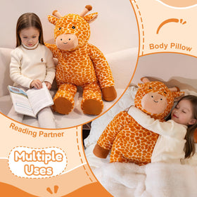 Child hugging SQEQE giraffe plush for bedtime and comfort
