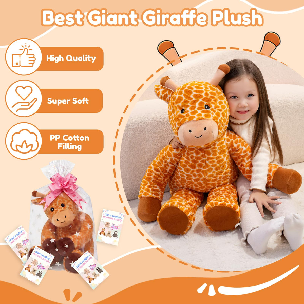 SQEQE Big Giraffe 39-inch on couch adding playful charm