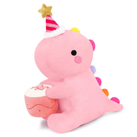 SQEQE pink dinosaur plush with cake on chest, ideal birthday cuddle.