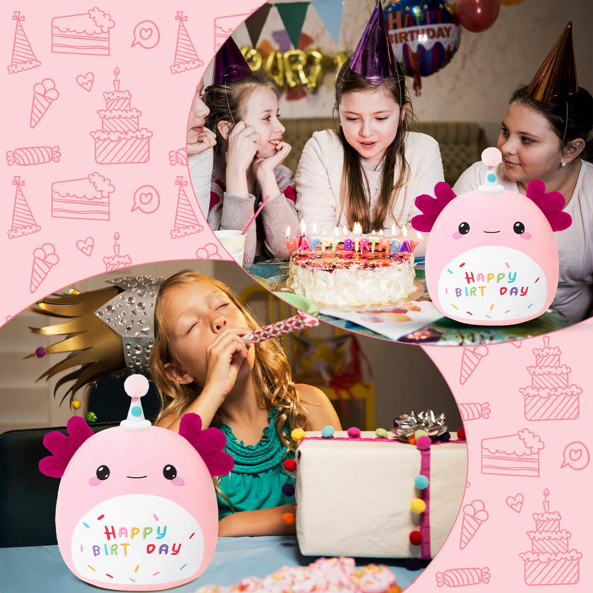 SQEQE Happy Birthday Axolotl plush in soft pink fur