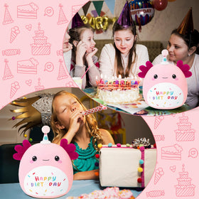 SQEQE Happy Birthday Axolotl plush in soft pink fur