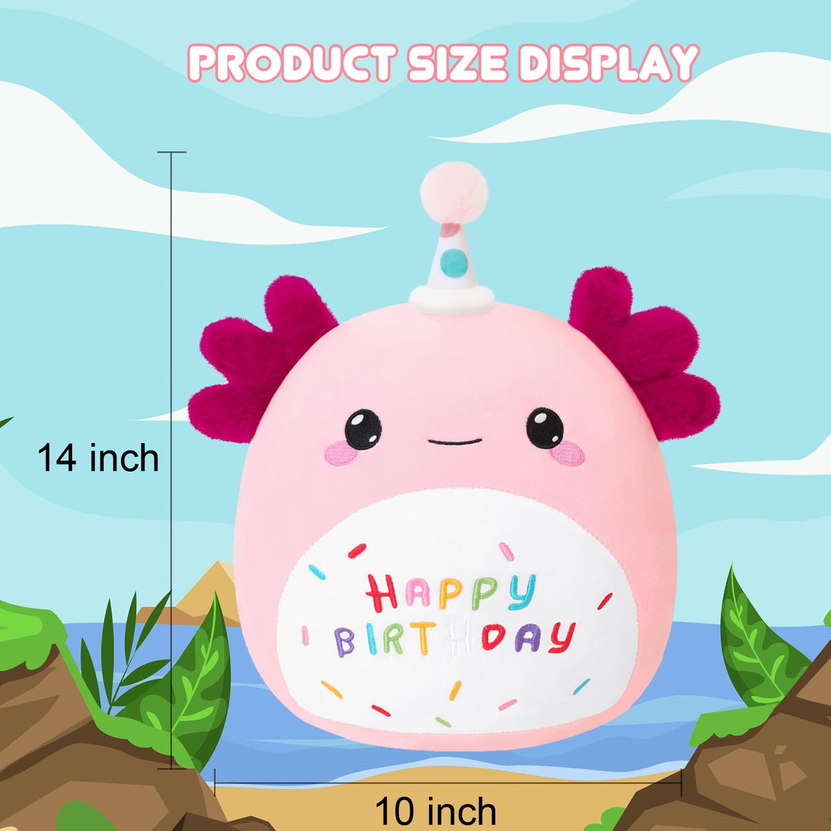 SQEQE Axolotl plush belly embroidery displays HAPPY BIRTHDAY