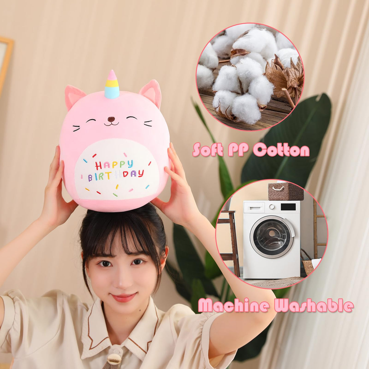 SQEQE pink caticorn plush in bedroom decor setup for kids