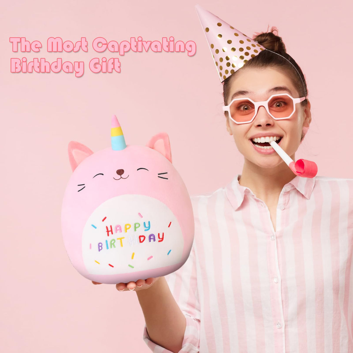 SQEQE pink caticorn plush with Birthday sign for party vibe