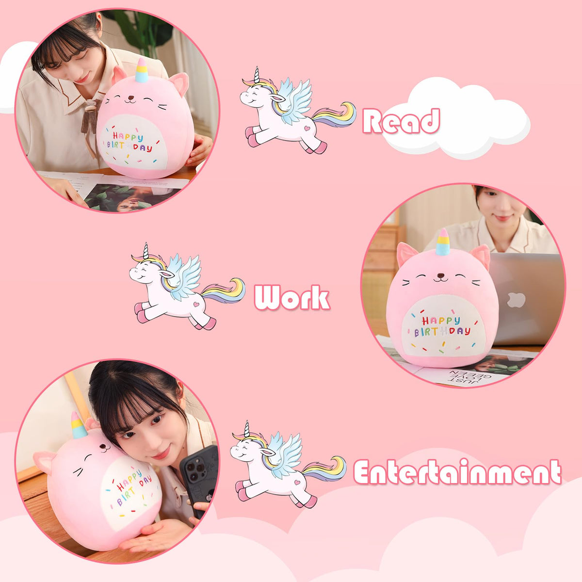 SQEQE pink caticorn plush in a hugging pose for comfort