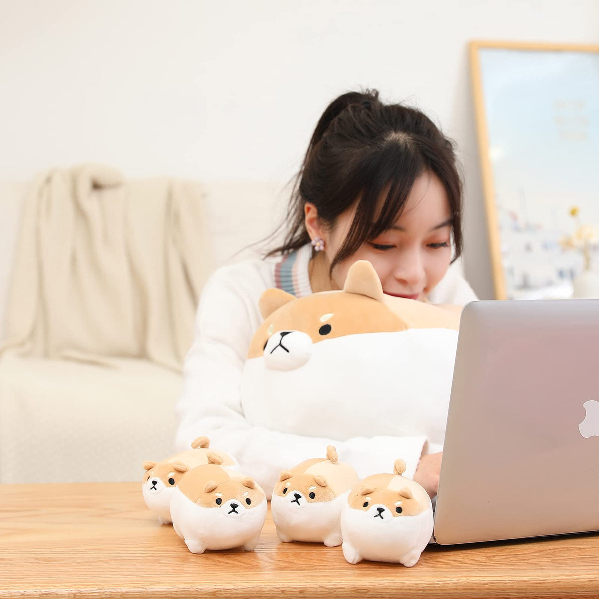 SQEQE Shiba Inu plush set arrives vacuum packed and puffing up after unboxing.