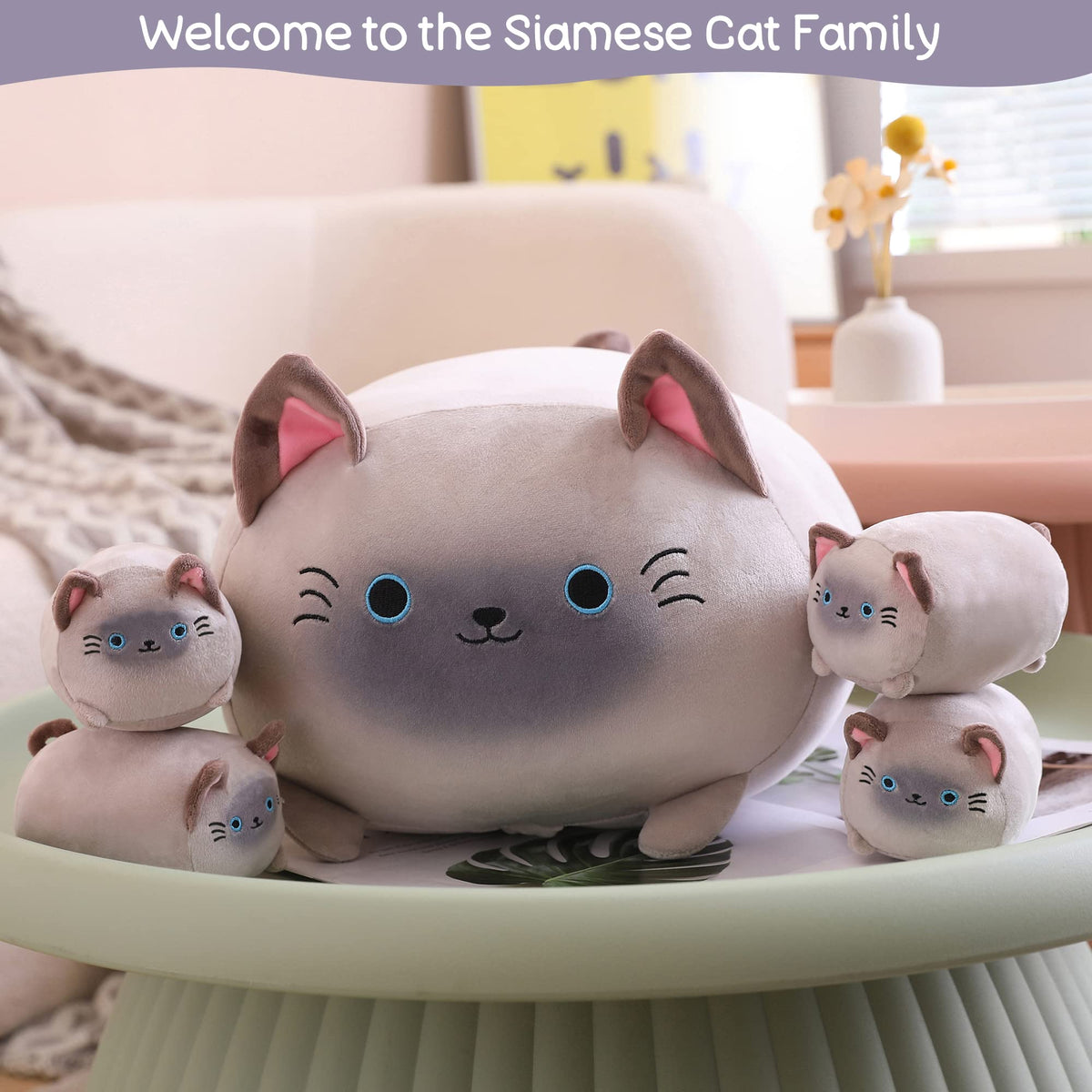 SQEQE Siamese Cat Plush kittens removable via tummy zipper for imaginative play.