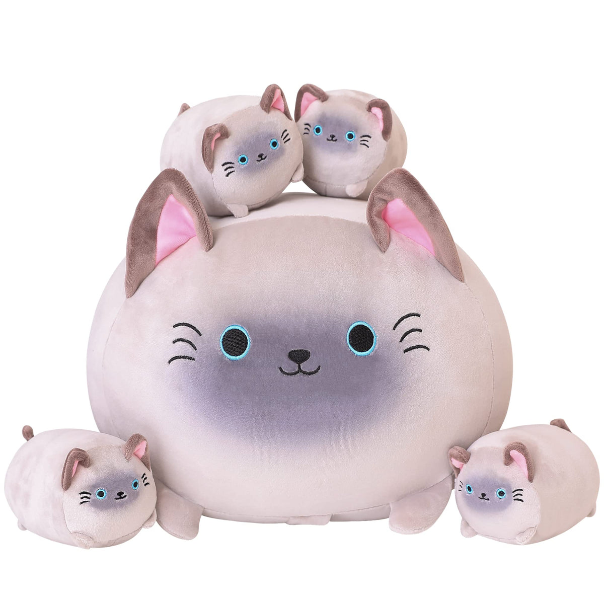 SQEQE Siamese Cat Plush mommy with 4 kittens visible in belly, ideal bedtime companion.