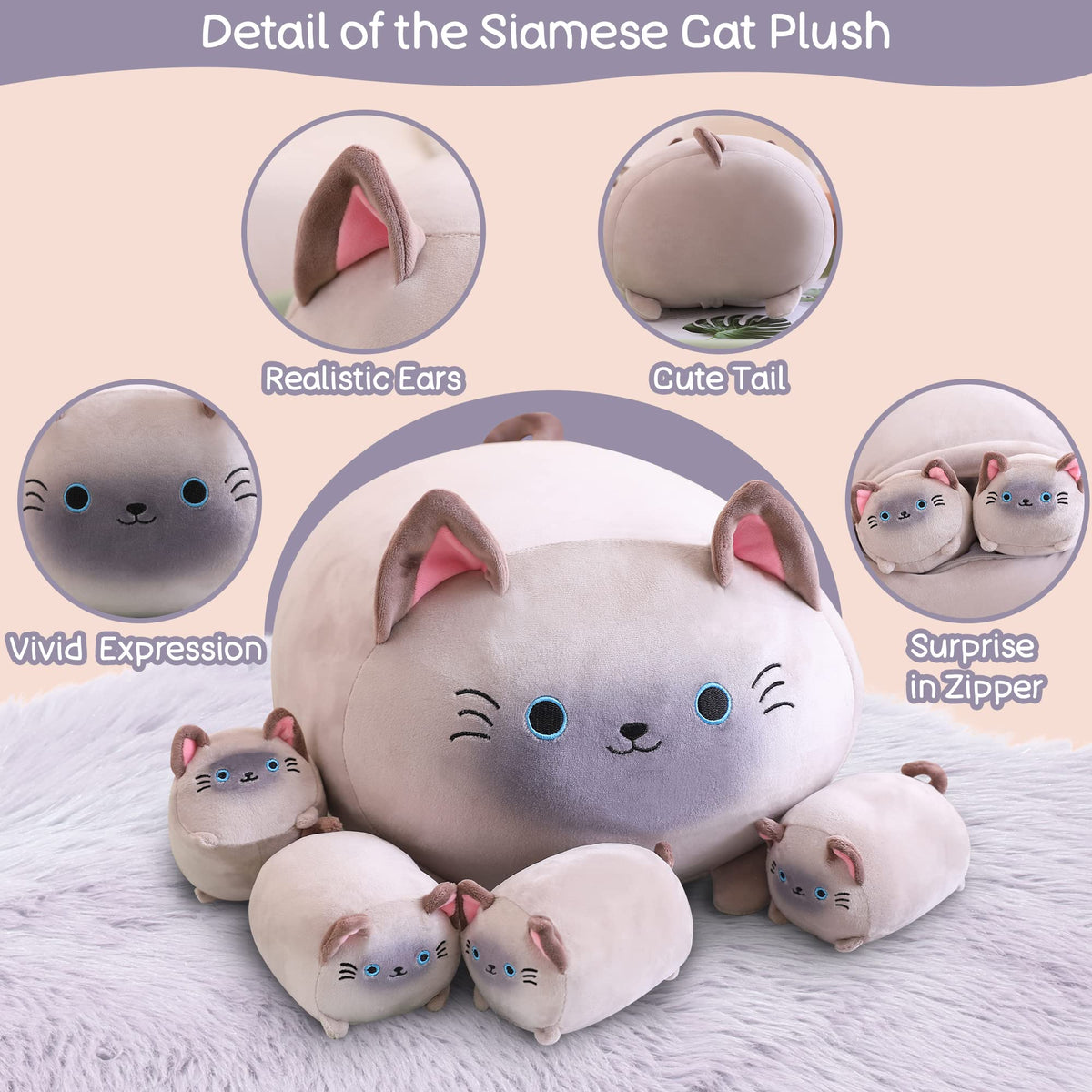 SQEQE Siamese Cat Plush soft delicate fabric close-up, inviting cuddle touch.