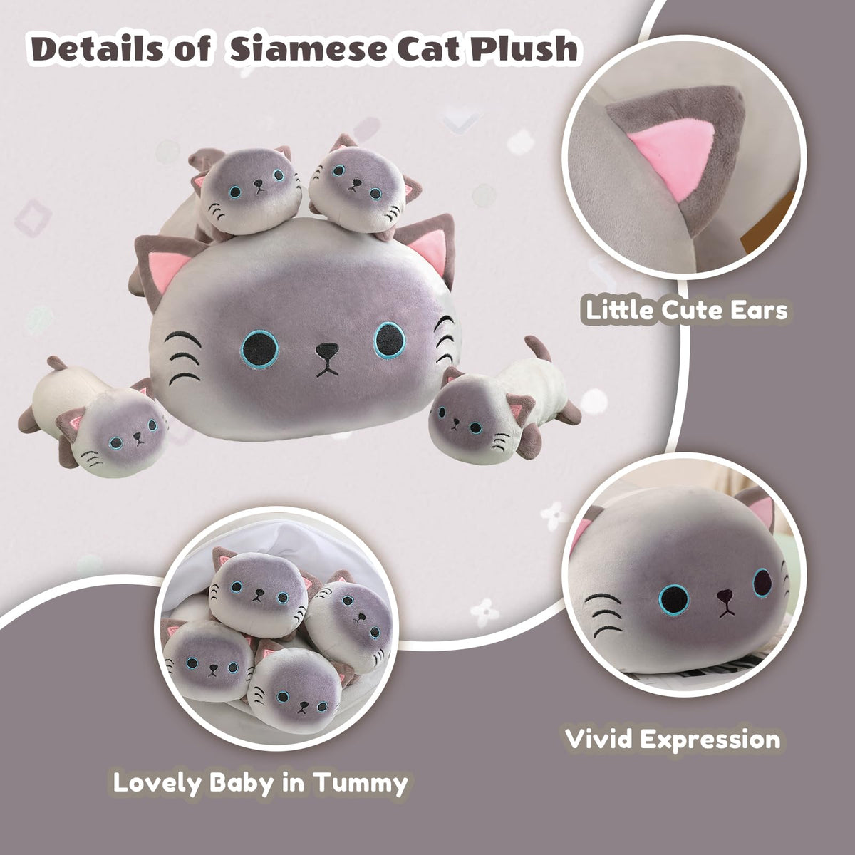 SQEQE Siamese cat plush with four removable babies for imaginative playtime