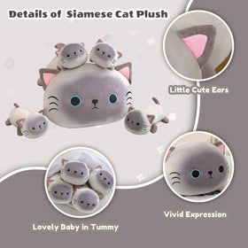 SQEQE Siamese cat plush with four removable babies for imaginative playtime