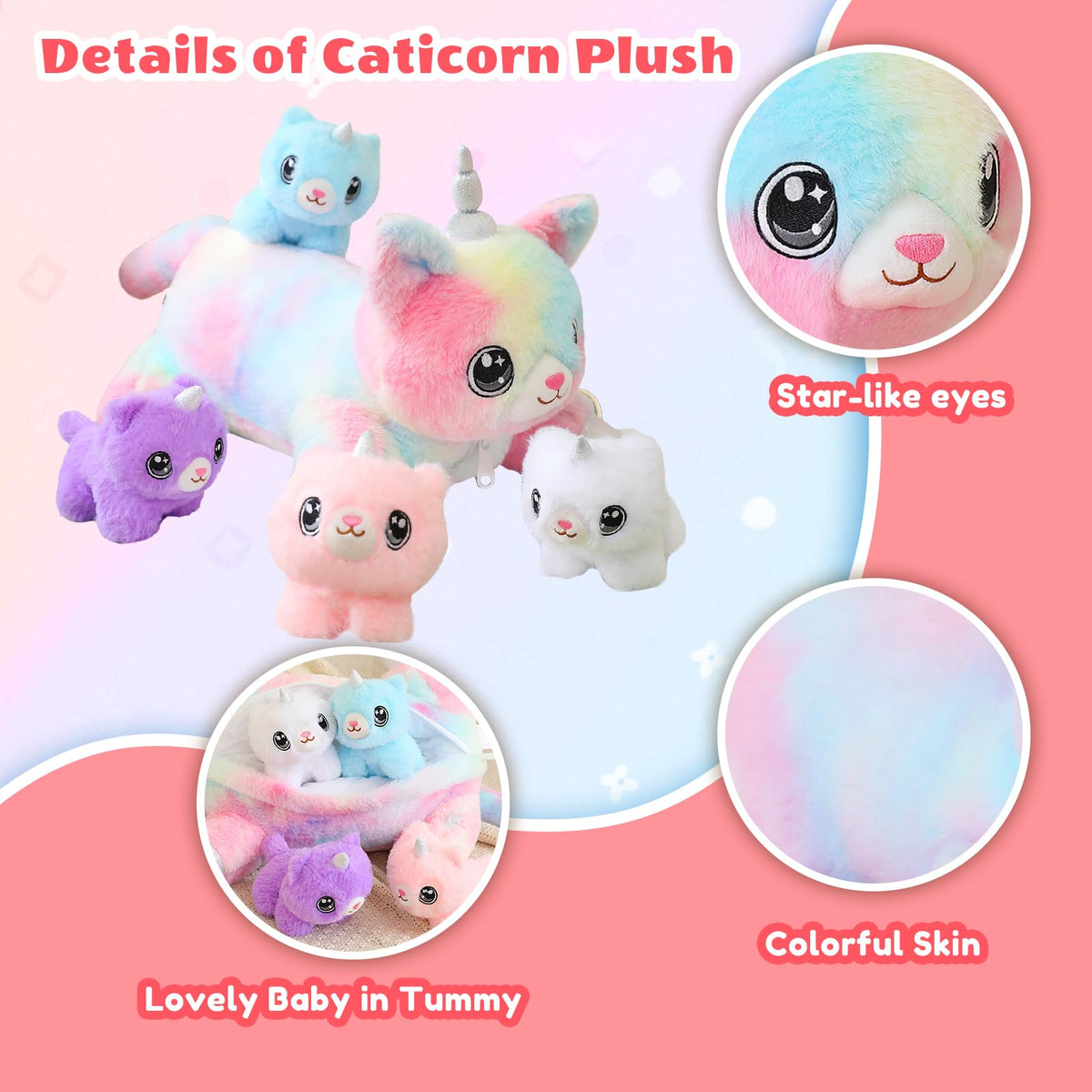 SQEQE unicorn cat plush belly zipper opens to reveal kittens for storytelling.