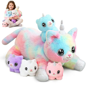 SQEQE unicorn cat plush mommy with four babies for cozy cuddles.